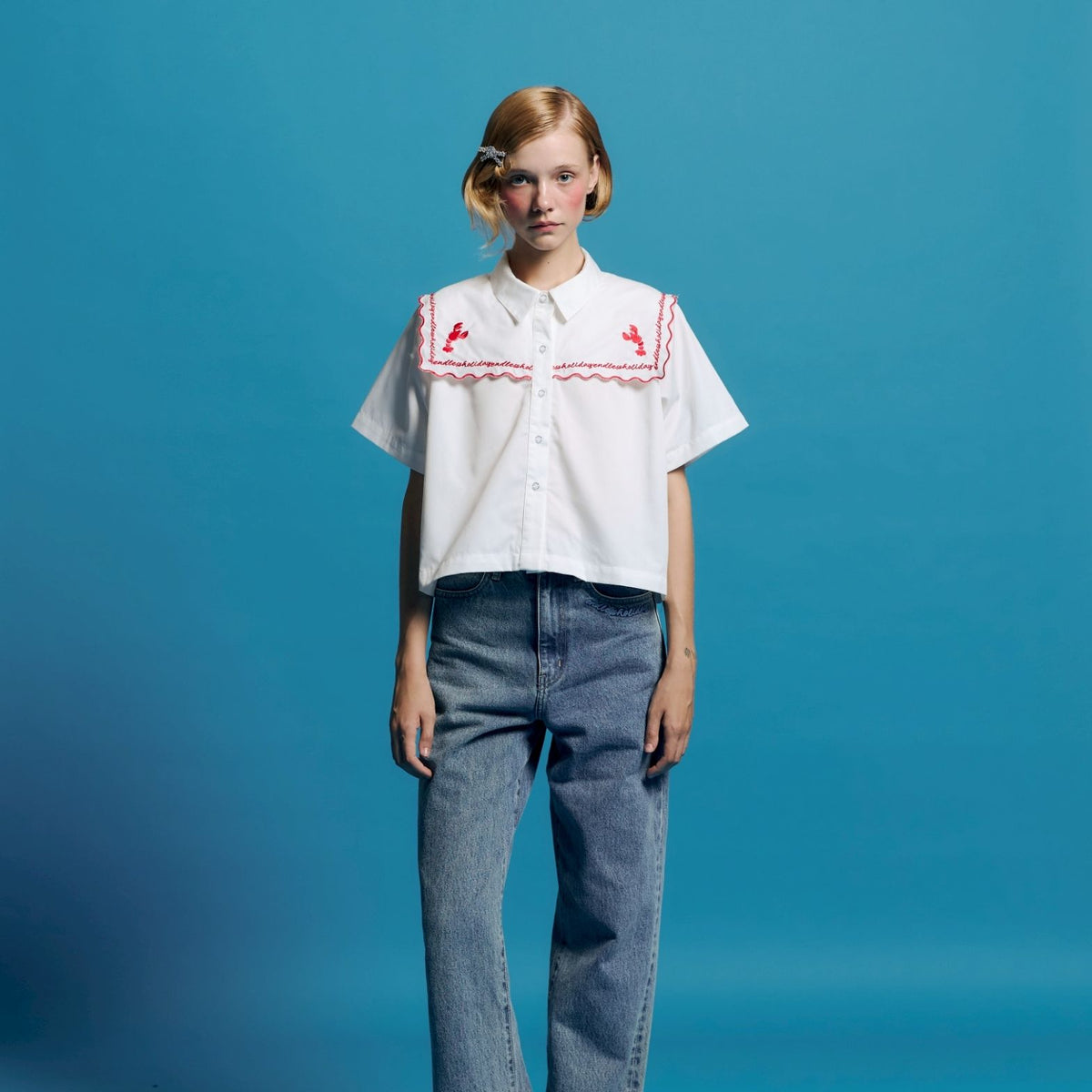 Endless Holiday Olive Shirt Crops Feather White & Embroidery Tomato Lobster