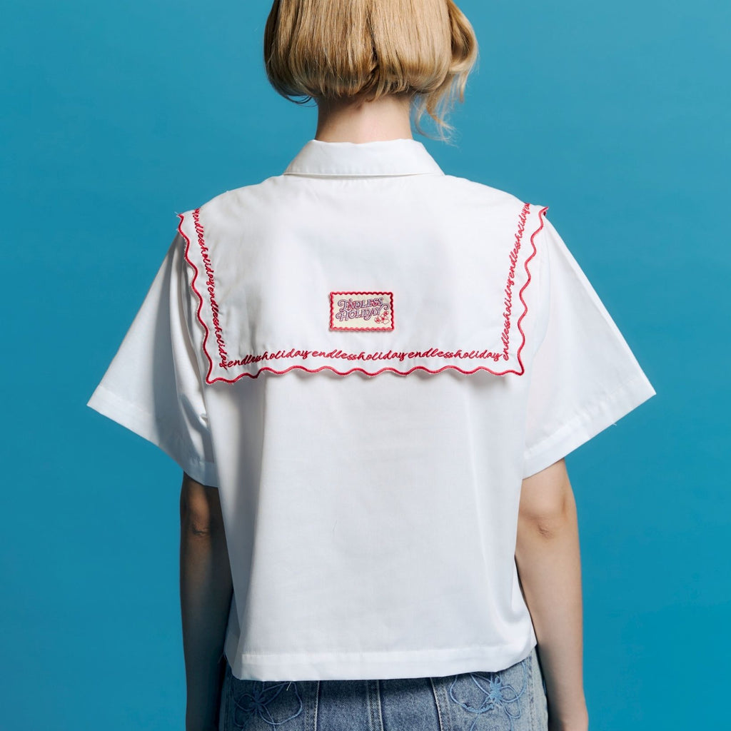 Endless Holiday Olive Shirt Crops Feather White & Embroidery Tomato Lobster