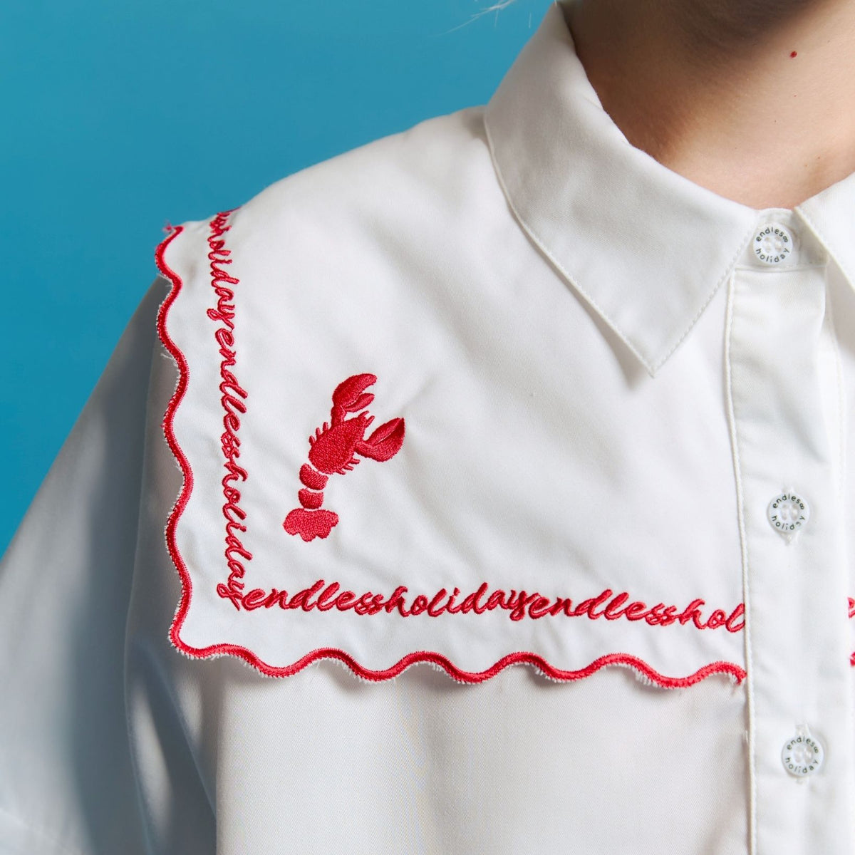 Endless Holiday Olive Shirt Crops Feather White & Embroidery Tomato Lobster