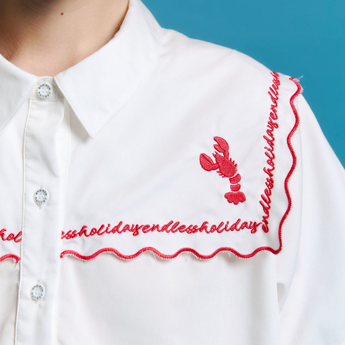 Endless Holiday Olive Shirt Crops Feather White & Embroidery Tomato Lobster