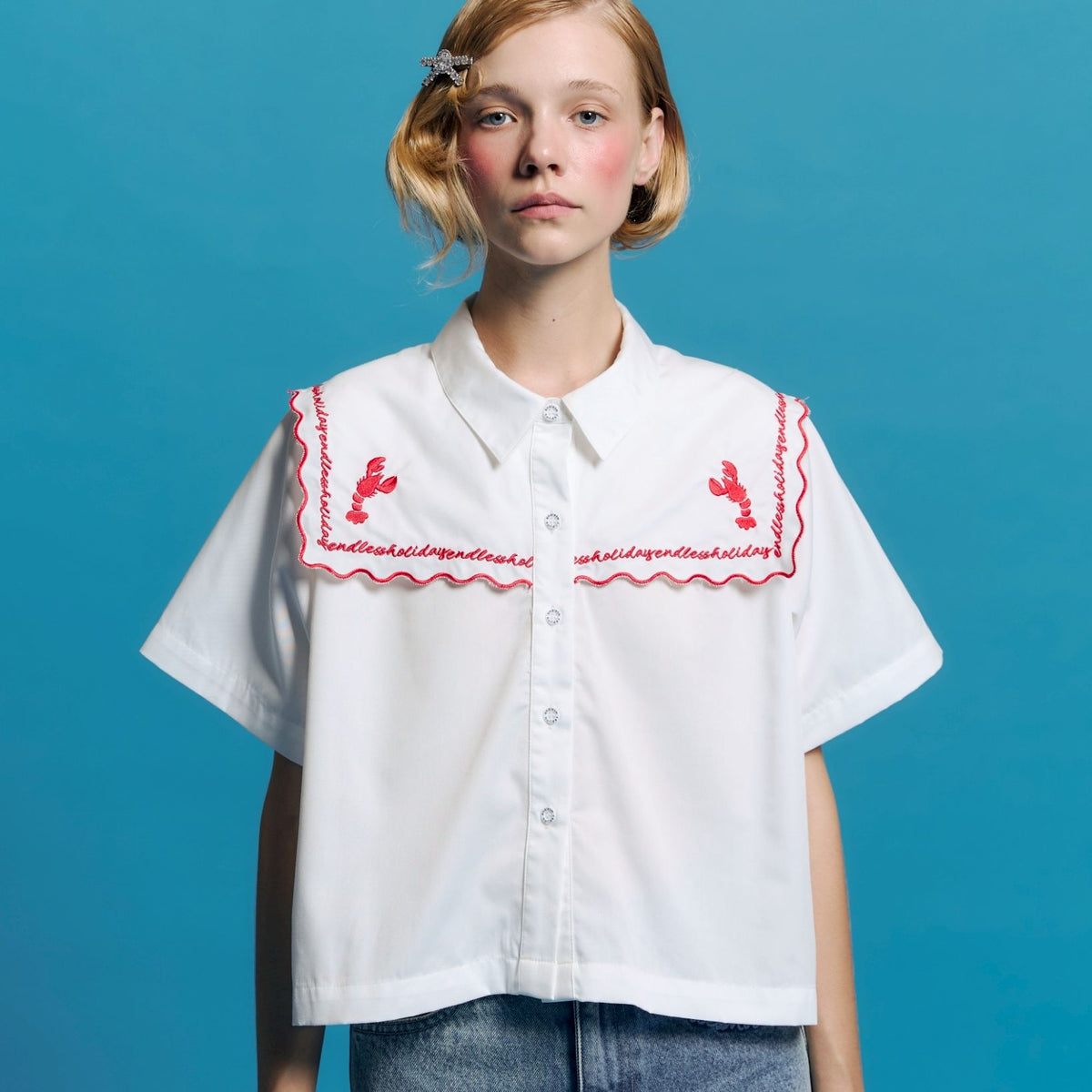 Endless Holiday Olive Shirt Crops Feather White & Embroidery Tomato Lobster